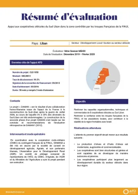 Résumé d'évaluation - Appui aux coopératives oléicoles du Sud Liban dans la zone contrôlée par les troupes françaises de la FINUL