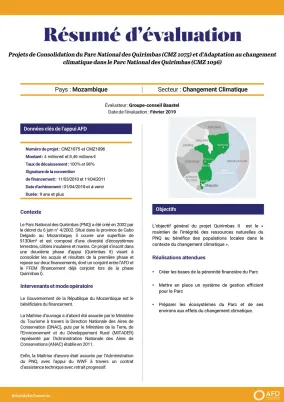 Résumé d'évaluation - Projets de consolidation du parc national des Quirimbas et d'adaptation au changement climatique, Mozambique