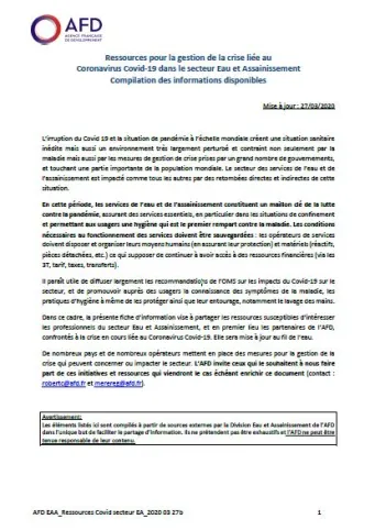 Ressources pour la gestion de la crise liée au Coronavirus Covid-19 dans le secteur eau et assainissement